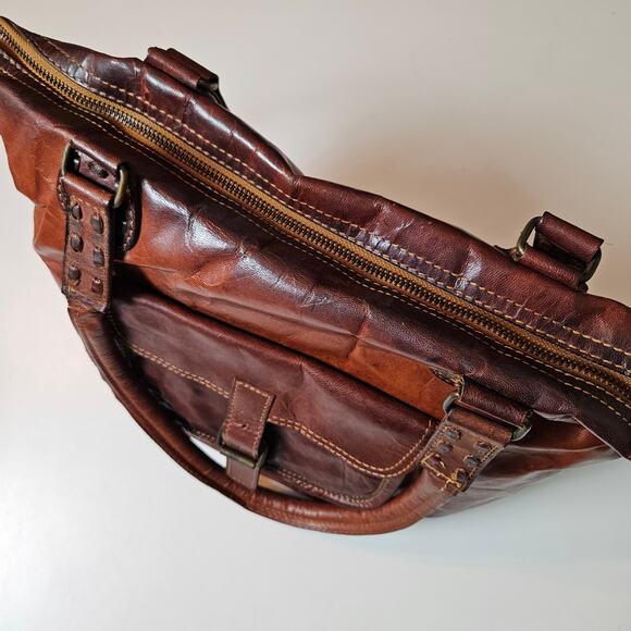 Noonday Collection Leather Zip Top Shoulder Bag Purse Cognac Brown Tote - Picture 9 of 16